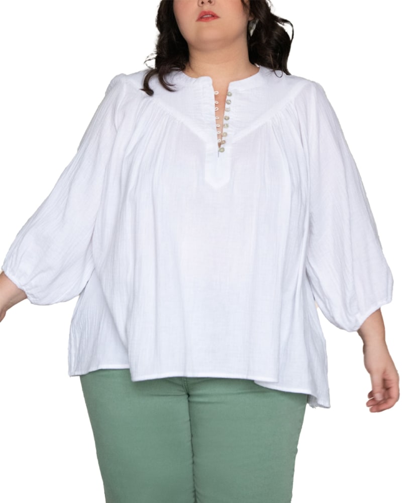 Front of a model wearing a size XL Hilone Blouse Cotton Gauze Lantern Sleeves in White by ANNICK. | dia_product_style_image_id:282079